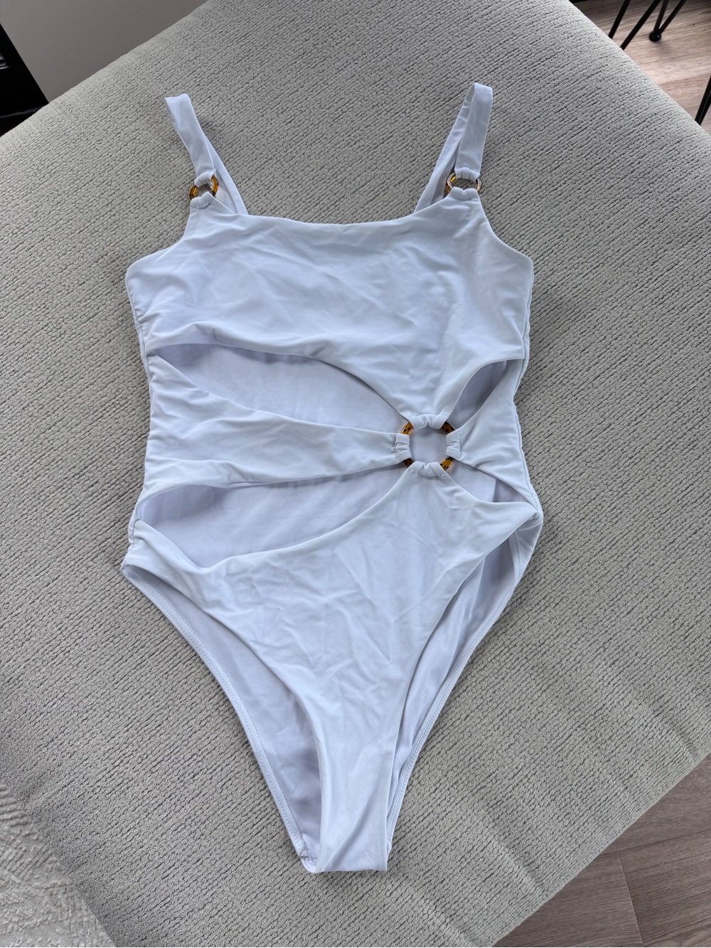 White One-Piece Cutout Swimsuit with Gold Ring Details
